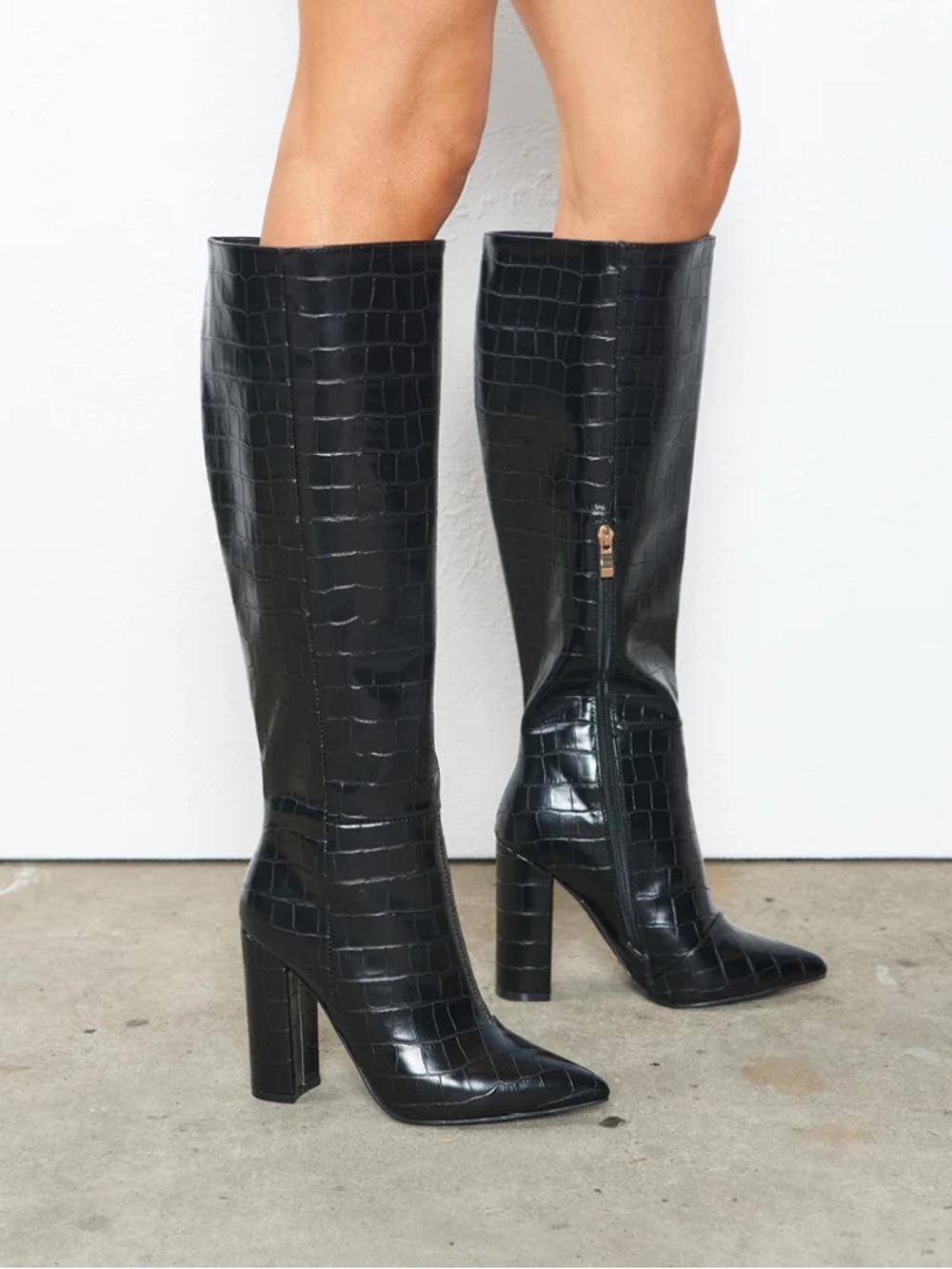 Billini Black Croc-Embossed Knee-High Block Heel Boots